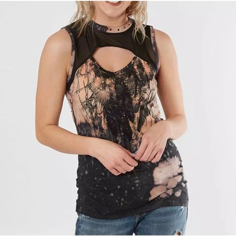 Affliction Wmns Sz S Black Bleached Dream Catcher Scoop Tank Top Studs Beads